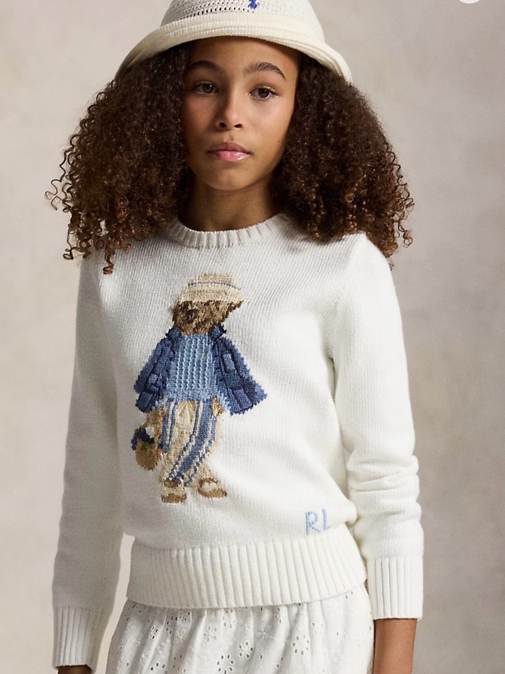 Ralph Lauren Cream Sweater with Blue and Tan Teddy Intarsia